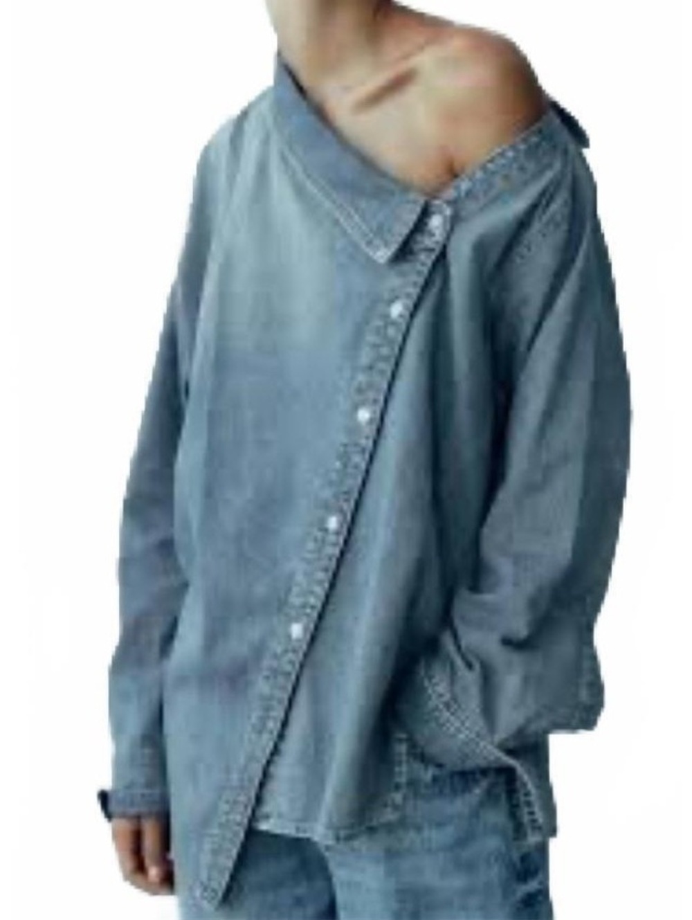 Zara Asymmetric Off-the-Shoulder Denim Shirt Large
